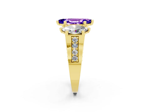 Yellow gold Marquise Cut Tanzanite Three-Stone Ring with Channel Set Band and Four-Prong Setting_2