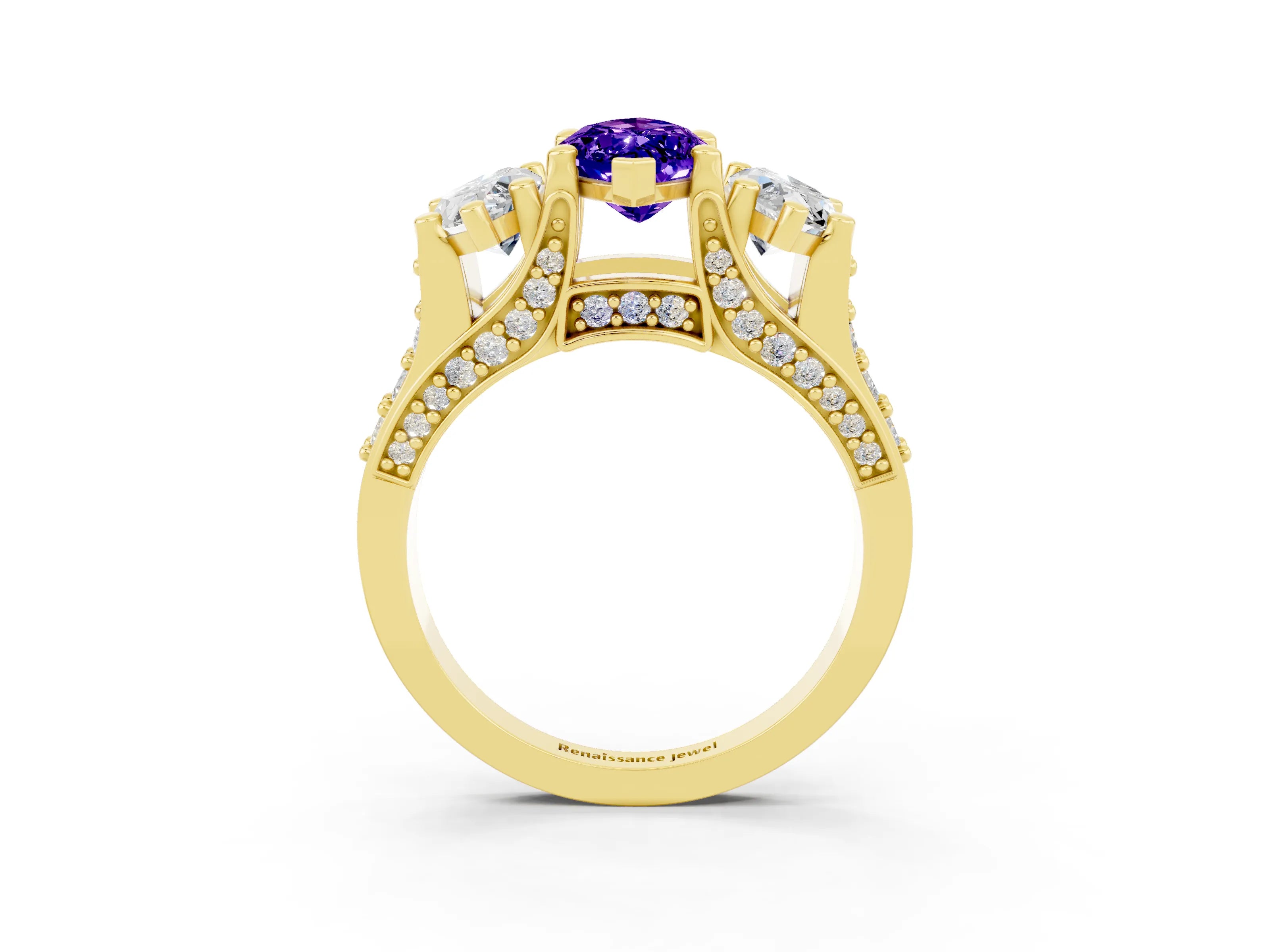 Yellow gold Marquise Cut Tanzanite Three-Stone Ring with Channel Set Band and Four-Prong Setting_3