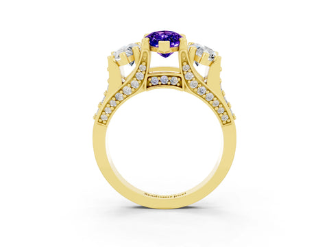 Yellow gold Marquise Cut Tanzanite Three-Stone Ring with Channel Set Band and Four-Prong Setting_3