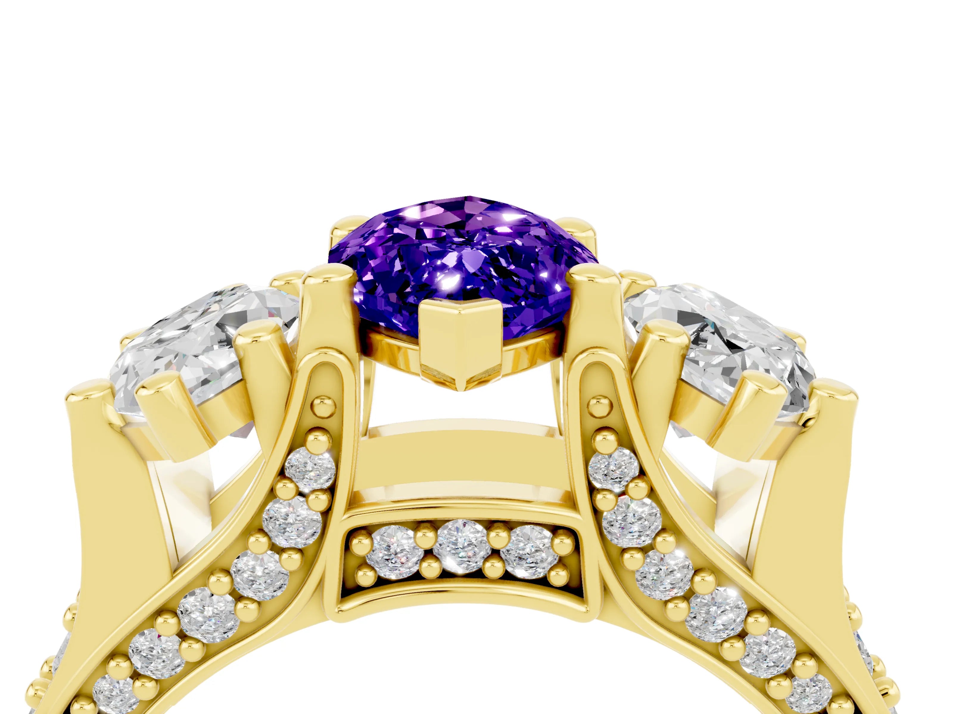 Yellow gold Marquise Cut Tanzanite Three-Stone Ring with Channel Set Band and Four-Prong Setting_4