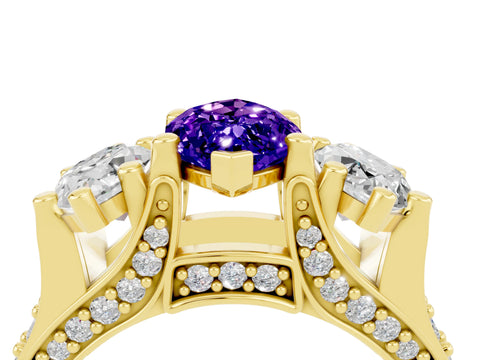 Yellow gold Marquise Cut Tanzanite Three-Stone Ring with Channel Set Band and Four-Prong Setting_4