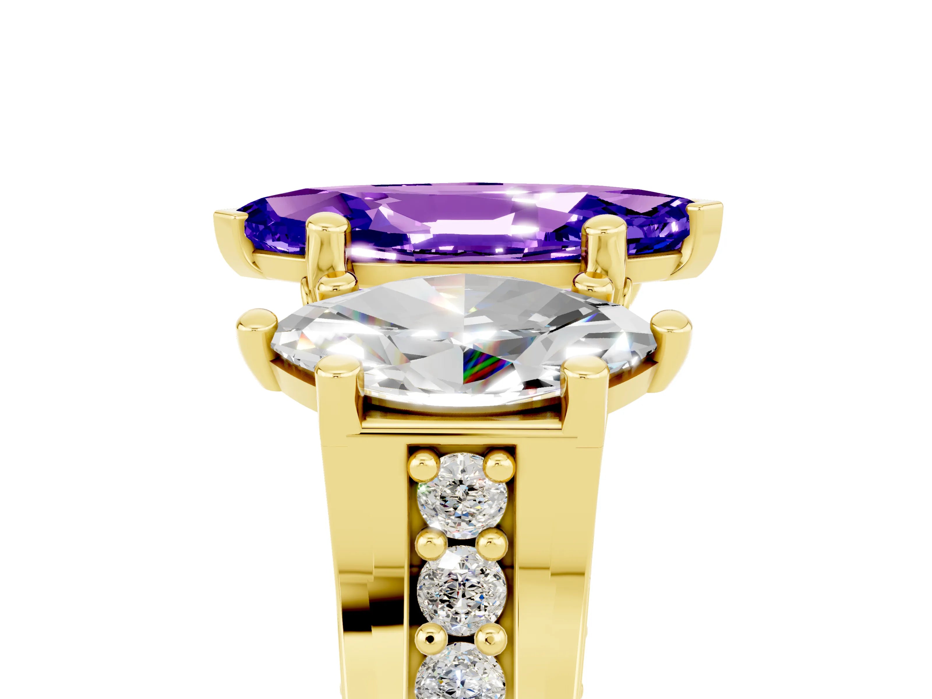 Yellow gold Marquise Cut Tanzanite Three-Stone Ring with Channel Set Band and Four-Prong Setting_5