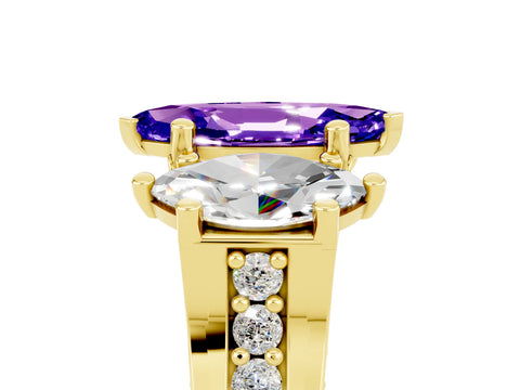 Yellow gold Marquise Cut Tanzanite Three-Stone Ring with Channel Set Band and Four-Prong Setting_5