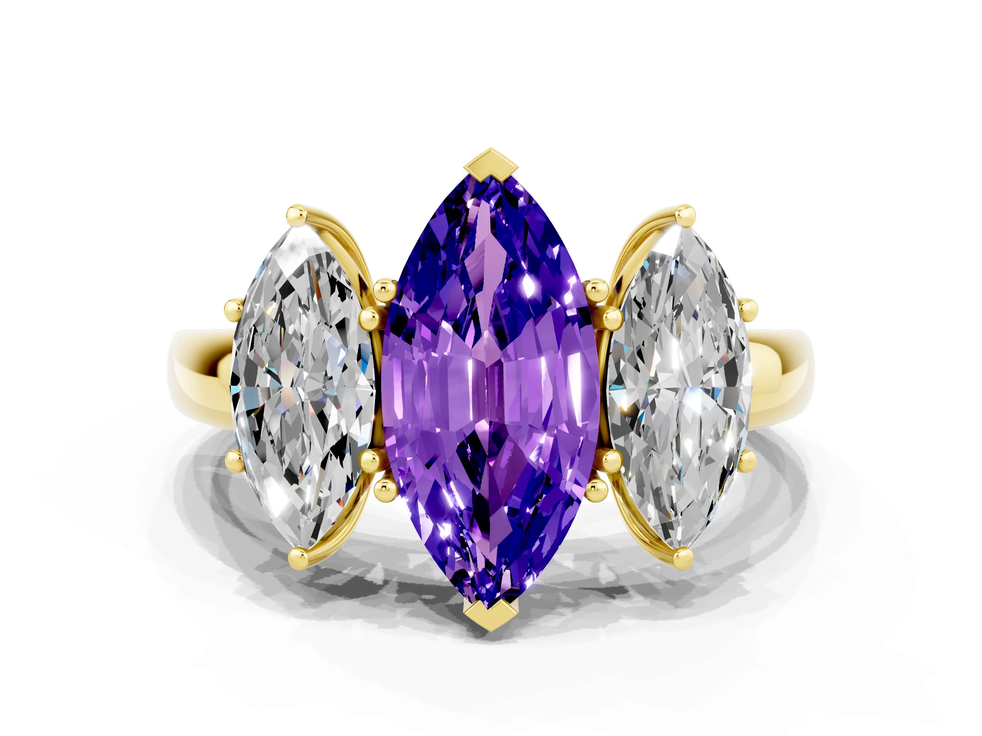 Yellow gold Marquise Cut Tanzanite Three-Stone Ring with Four-Prong Setting and Classic Band