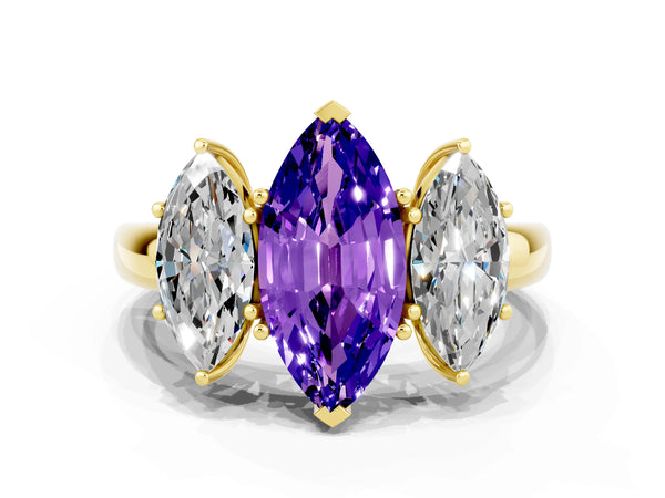 Yellow gold Marquise Cut Tanzanite Three-Stone Ring with Four-Prong Setting and Classic Band