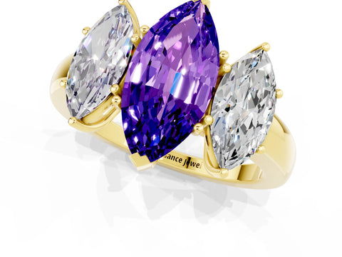 Yellow gold Marquise Cut Tanzanite Three-Stone Ring with Four-Prong Setting and Classic Band_1
