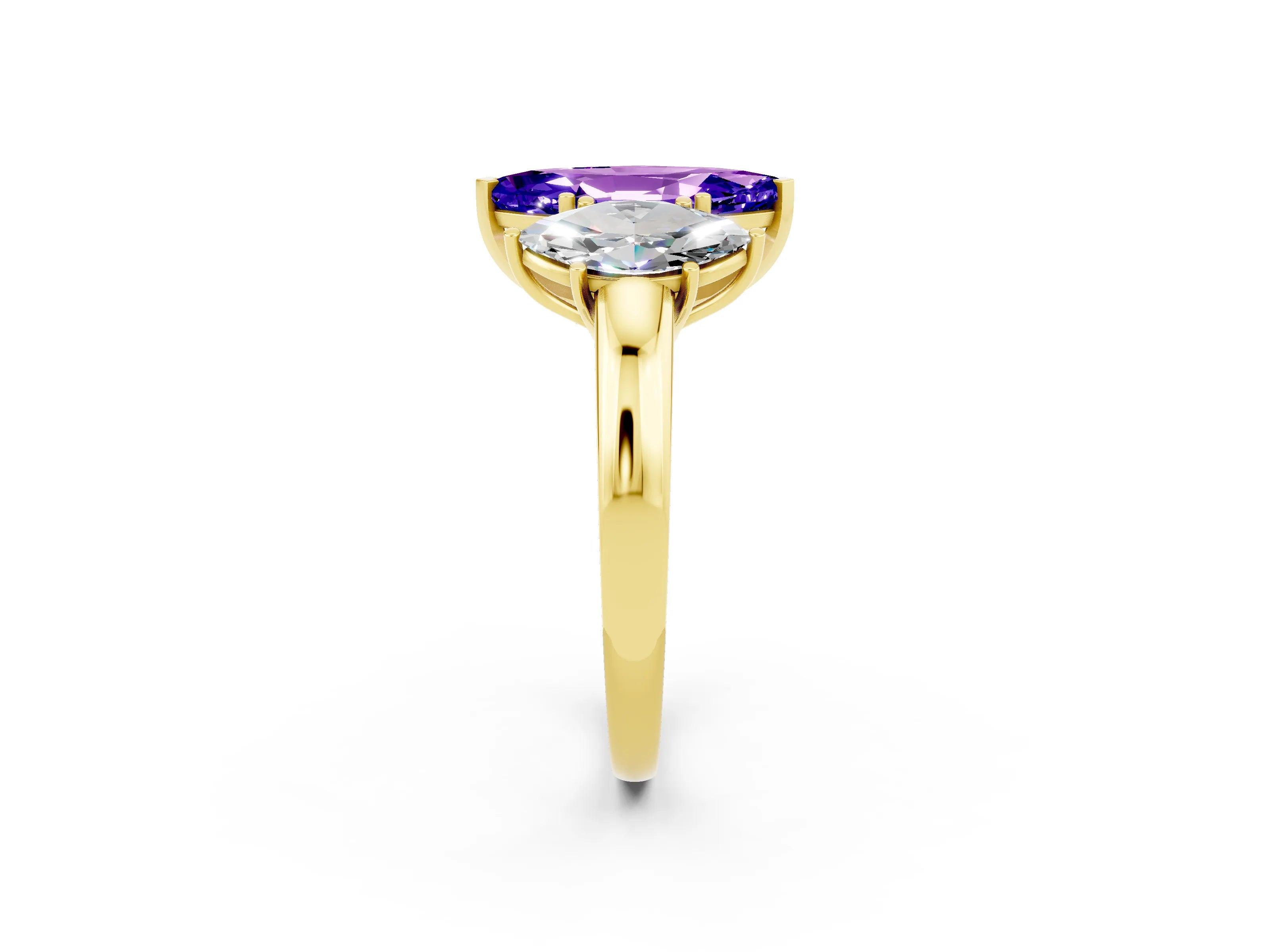 Yellow gold Marquise Cut Tanzanite Three-Stone Ring with Four-Prong Setting and Classic Band_2