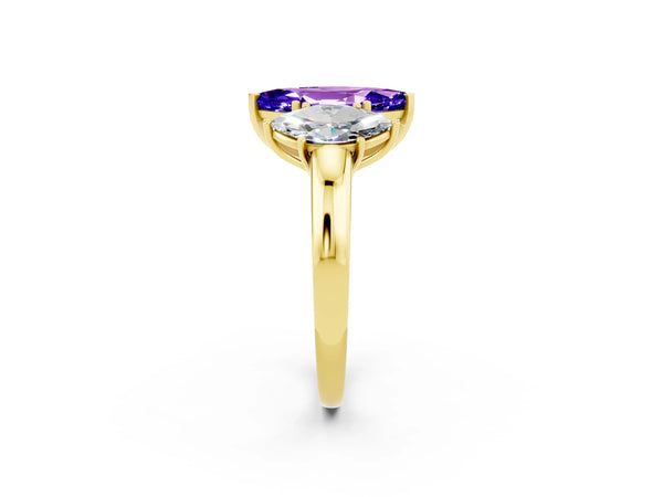 Yellow gold Marquise Cut Tanzanite Three-Stone Ring with Four-Prong Setting and Classic Band