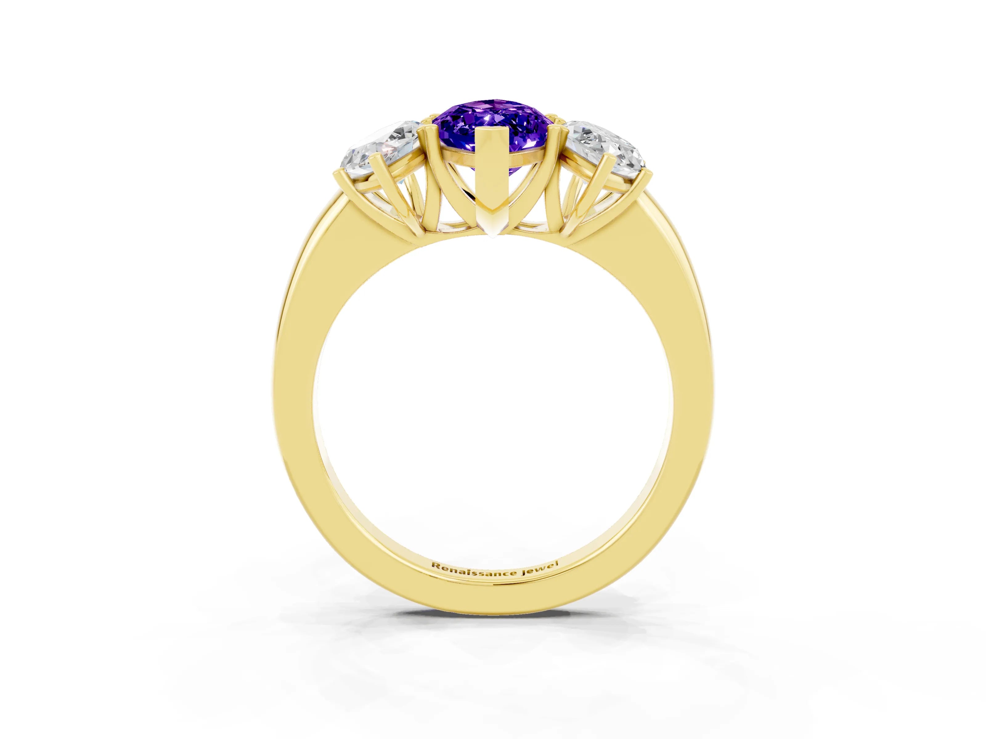 Yellow gold Marquise Cut Tanzanite Three-Stone Ring with Four-Prong Setting and Classic Band_3