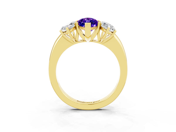 Yellow gold Marquise Cut Tanzanite Three-Stone Ring with Four-Prong Setting and Classic Band