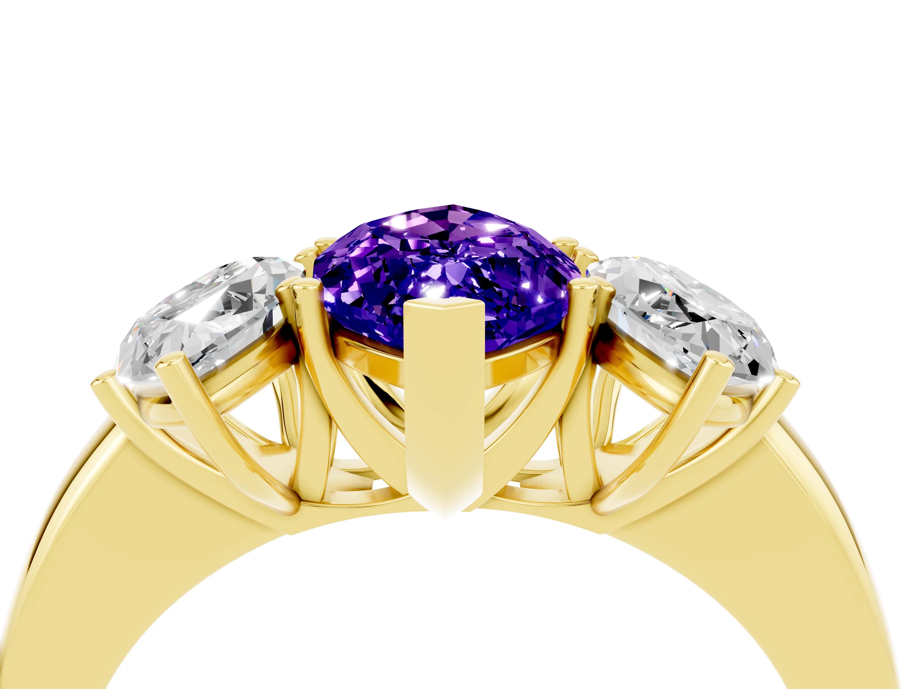 Yellow gold Marquise Cut Tanzanite Three-Stone Ring with Four-Prong Setting and Classic Band_4
