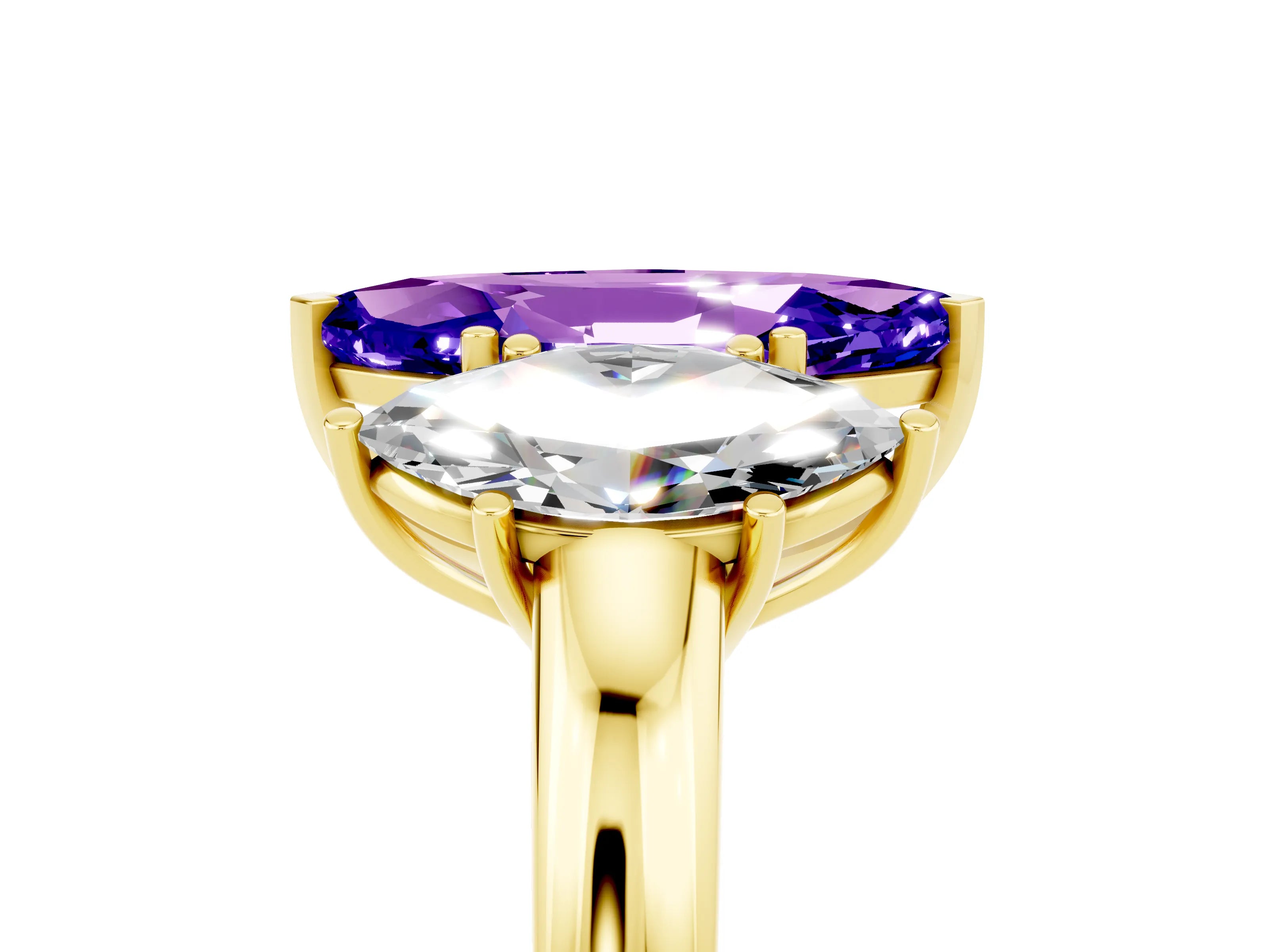 Yellow gold Marquise Cut Tanzanite Three-Stone Ring with Four-Prong Setting and Classic Band_5