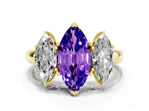 Yellow gold Marquise Cut Tanzanite Three-Stone Ring with Four-Prong Setting and Classic Band