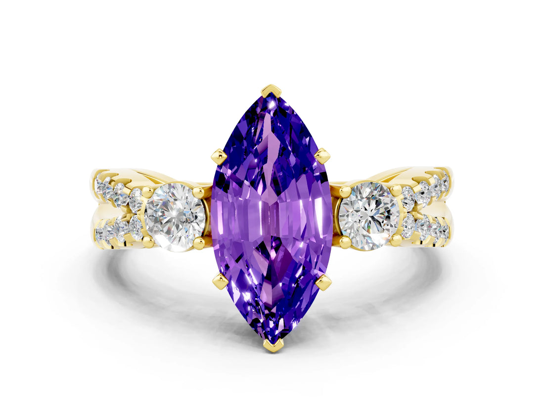Yellow gold Marquise Cut Tanzanite Three-Stone Ring with Pavé Split Shank and Four-Prong Setting_12
