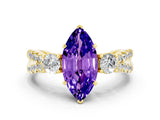 Yellow gold Marquise Cut Tanzanite Three-Stone Ring with Pavé Split Shank and Four-Prong Setting_12