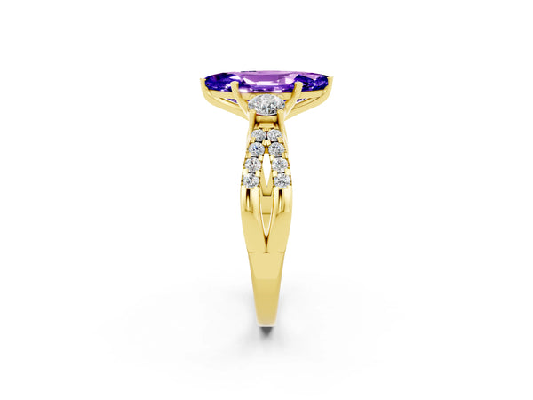 Yellow gold Marquise Cut Tanzanite Three-Stone Ring with Pavé Split Shank and Four-Prong Setting