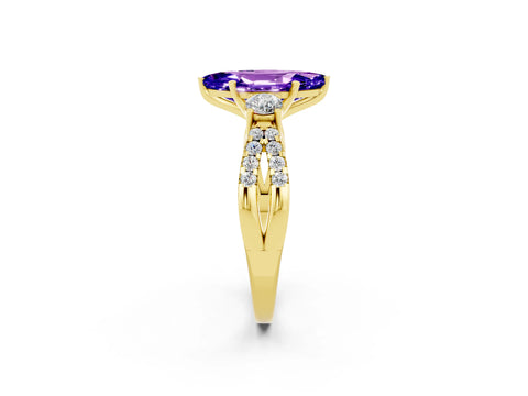 Yellow gold Marquise Cut Tanzanite Three-Stone Ring with Pavé Split Shank and Four-Prong Setting_14