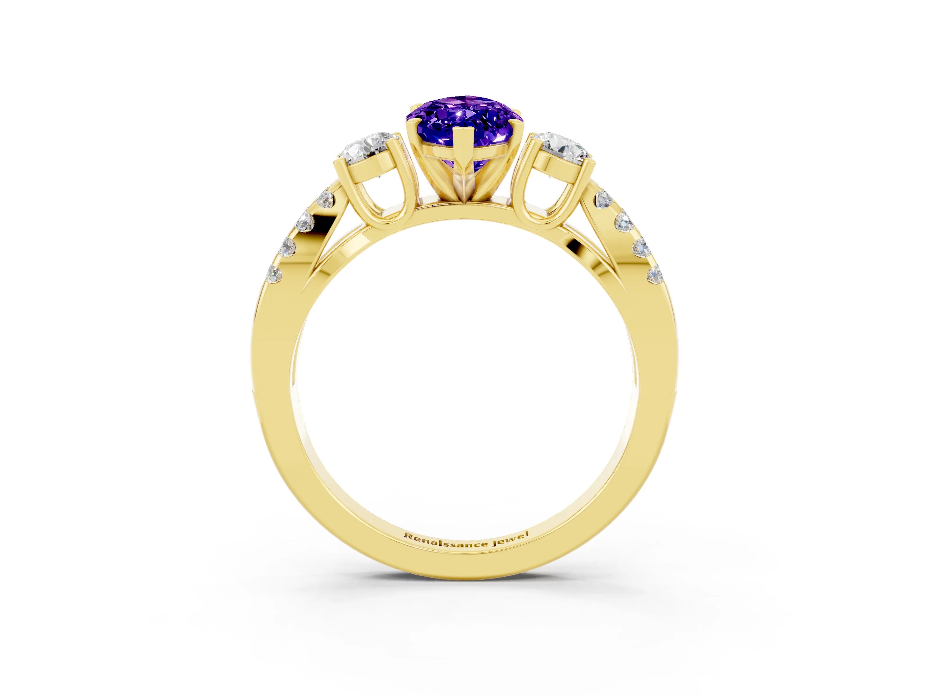 Yellow gold Marquise Cut Tanzanite Three-Stone Ring with Pavé Split Shank and Four-Prong Setting_15