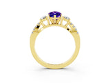 Yellow gold Marquise Cut Tanzanite Three-Stone Ring with Pavé Split Shank and Four-Prong Setting_15