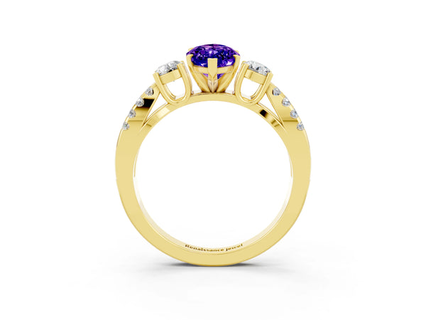 Yellow gold Marquise Cut Tanzanite Three-Stone Ring with Pavé Split Shank and Four-Prong Setting