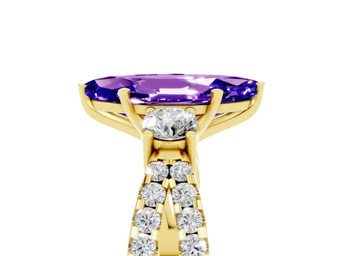 Yellow gold Marquise Cut Tanzanite Three-Stone Ring with Pavé Split Shank and Four-Prong Setting_17