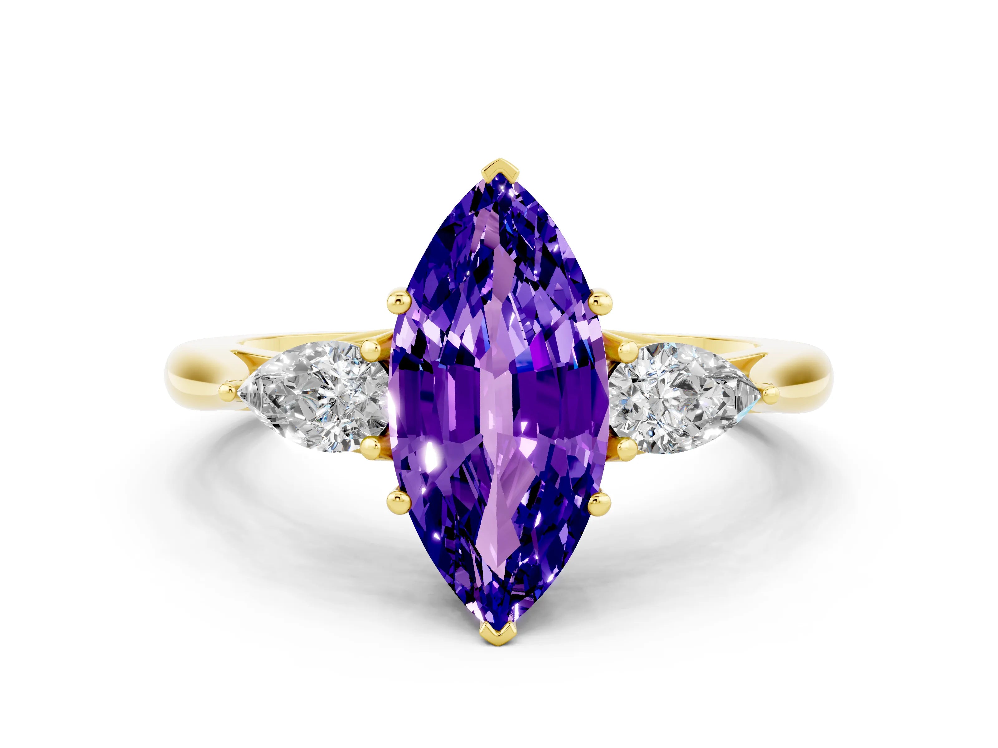Yellow gold Marquise Cut Tanzanite Three-Stone Ring with Pear Side Stones and Four-Prong Setting_12