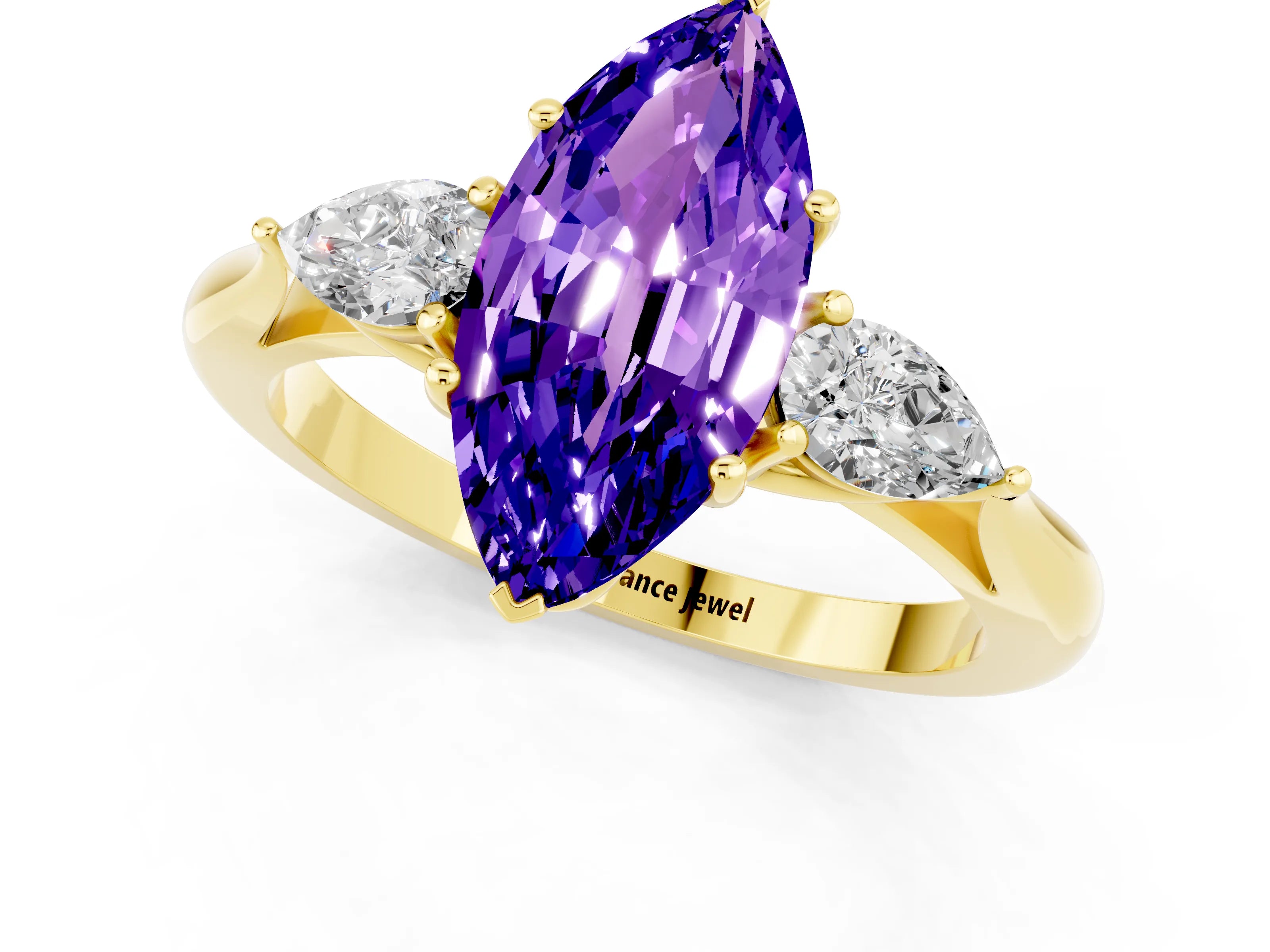 Yellow gold Marquise Cut Tanzanite Three-Stone Ring with Pear Side Stones and Four-Prong Setting_13