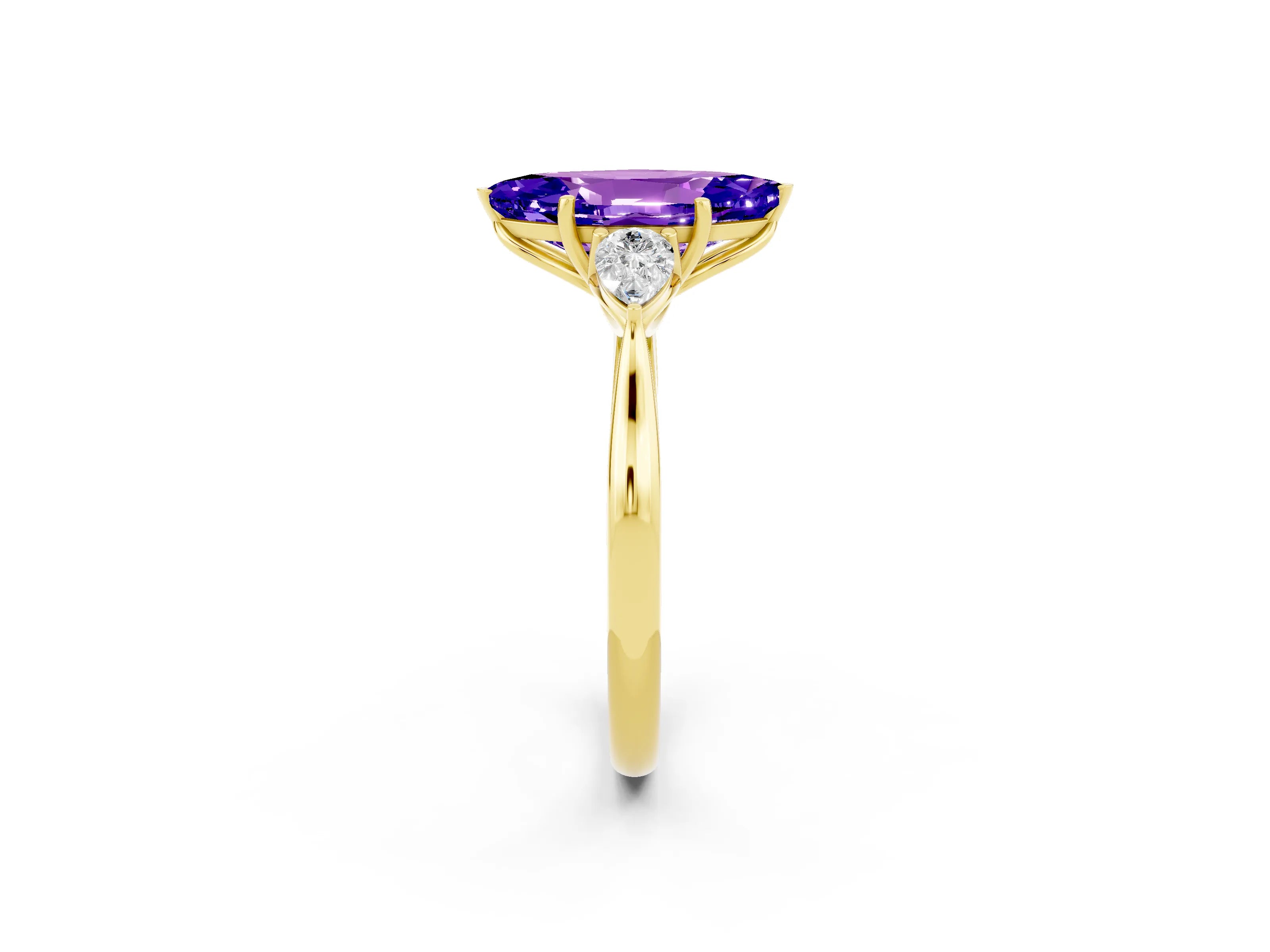 Yellow gold Marquise Cut Tanzanite Three-Stone Ring with Pear Side Stones and Four-Prong Setting_14