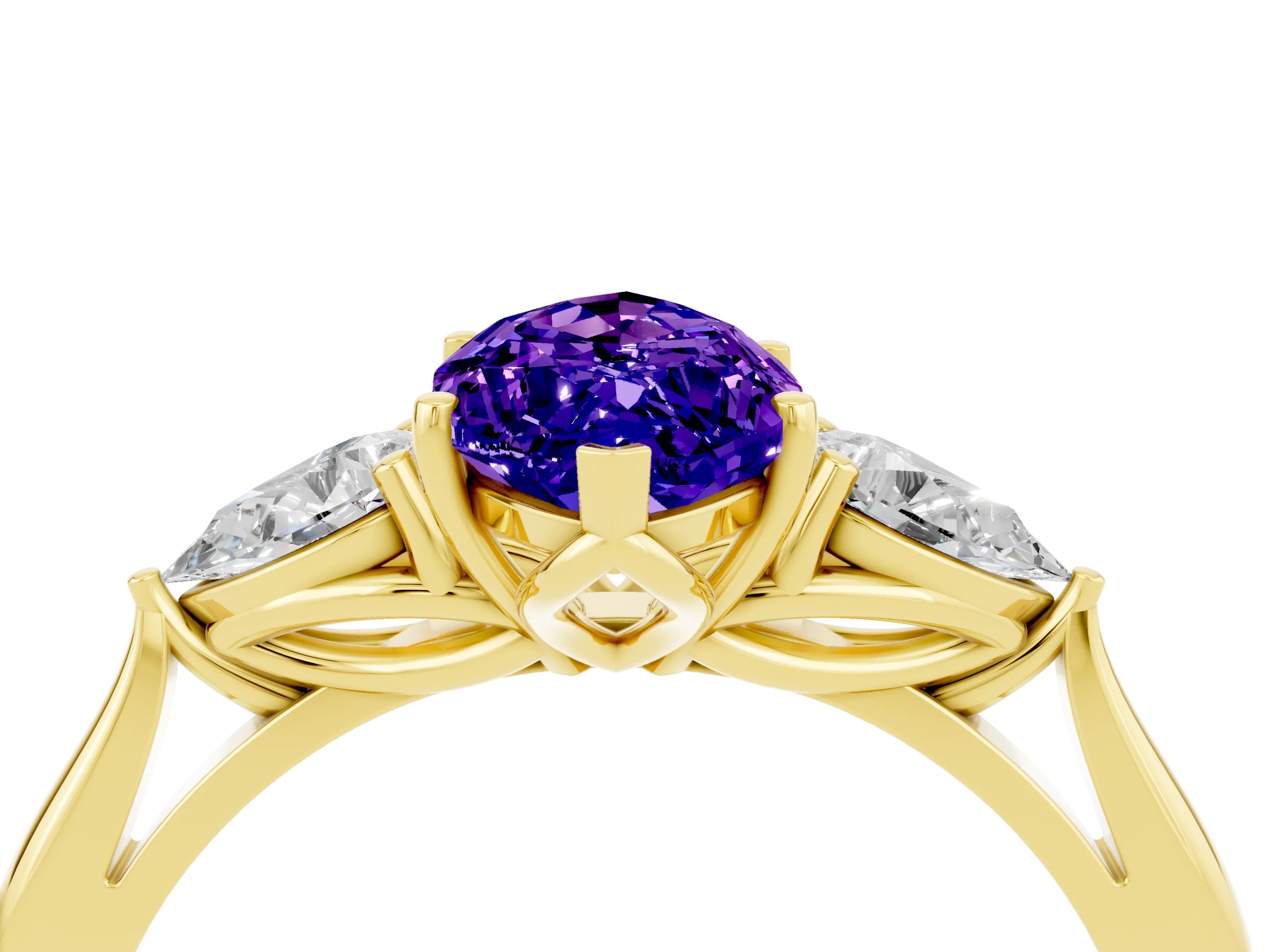 Yellow gold Marquise Cut Tanzanite Three-Stone Ring with Pear Side Stones and Four-Prong Setting_16