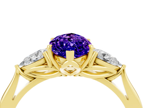Yellow gold Marquise Cut Tanzanite Three-Stone Ring with Pear Side Stones and Four-Prong Setting_16