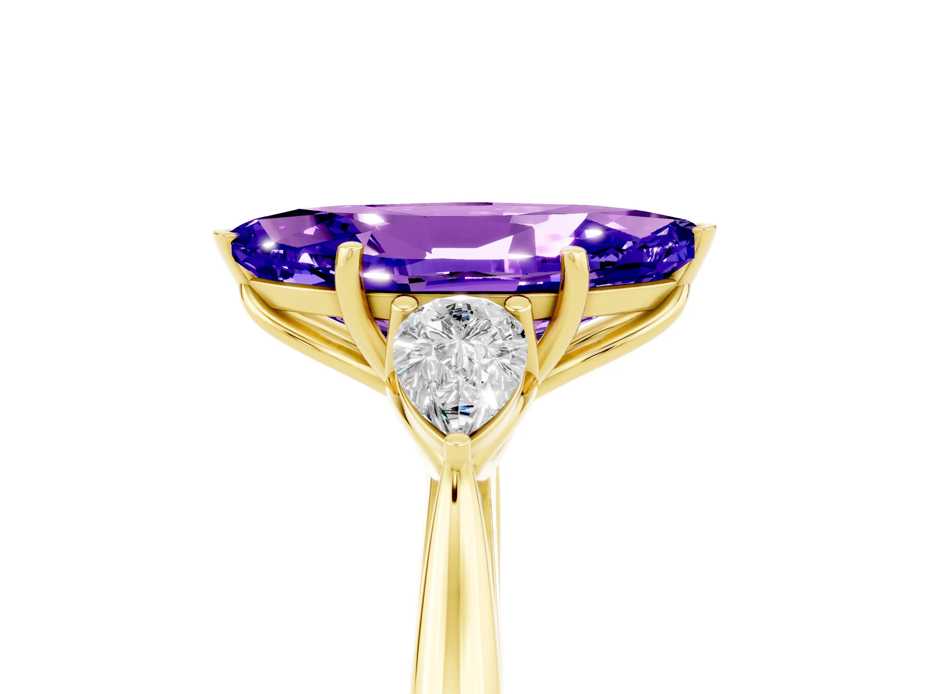 Yellow gold Marquise Cut Tanzanite Three-Stone Ring with Pear Side Stones and Four-Prong Setting_17