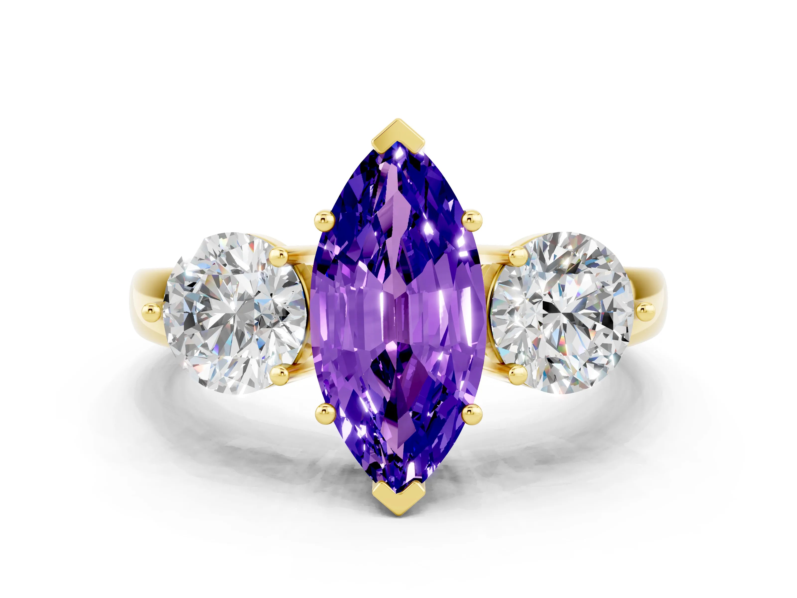 Yellow gold Marquise Cut Tanzanite Three-Stone Ring with Prong Setting and Classic Band