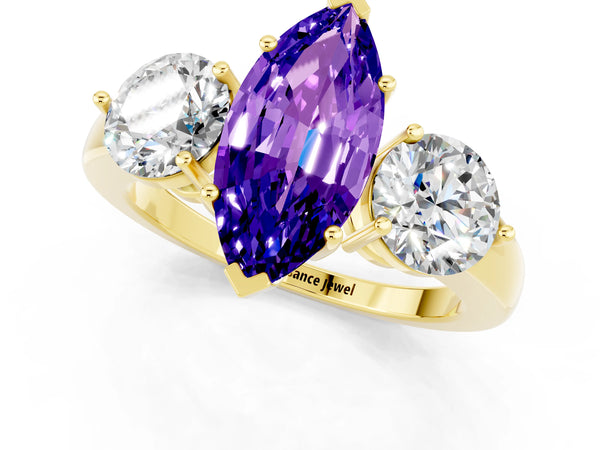 Yellow gold Marquise Cut Tanzanite Three-Stone Ring with Prong Setting and Classic Band
