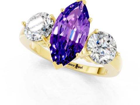 Yellow gold Marquise Cut Tanzanite Three-Stone Ring with Prong Setting and Classic Band_1