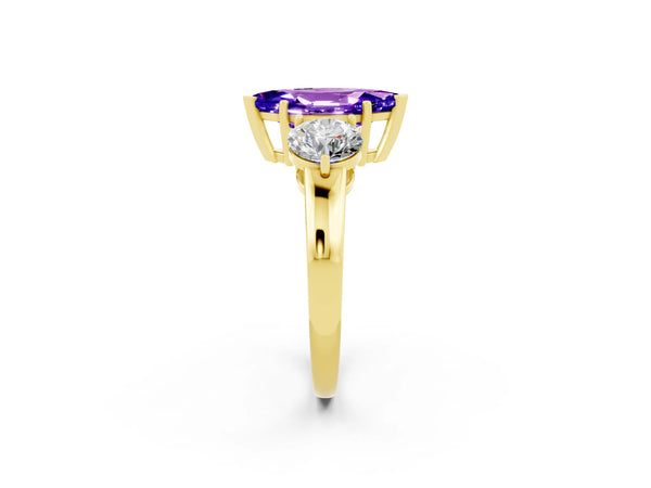Yellow gold Marquise Cut Tanzanite Three-Stone Ring with Prong Setting and Classic Band