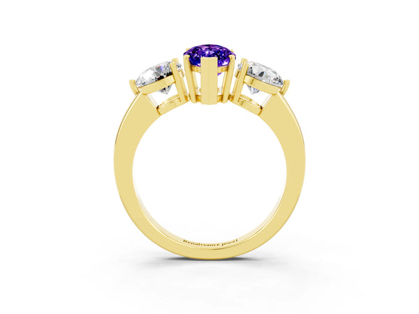 Yellow gold Marquise Cut Tanzanite Three-Stone Ring with Prong Setting and Classic Band