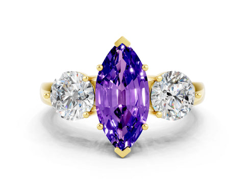 Yellow gold Marquise Cut Tanzanite Three-Stone Ring with Prong Setting and Classic Band