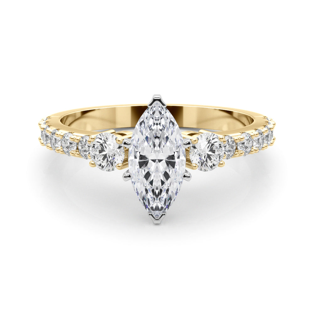Yellow gold Marquise Cut Three-Stone Diamond Pavé Band with Prong Setting 1