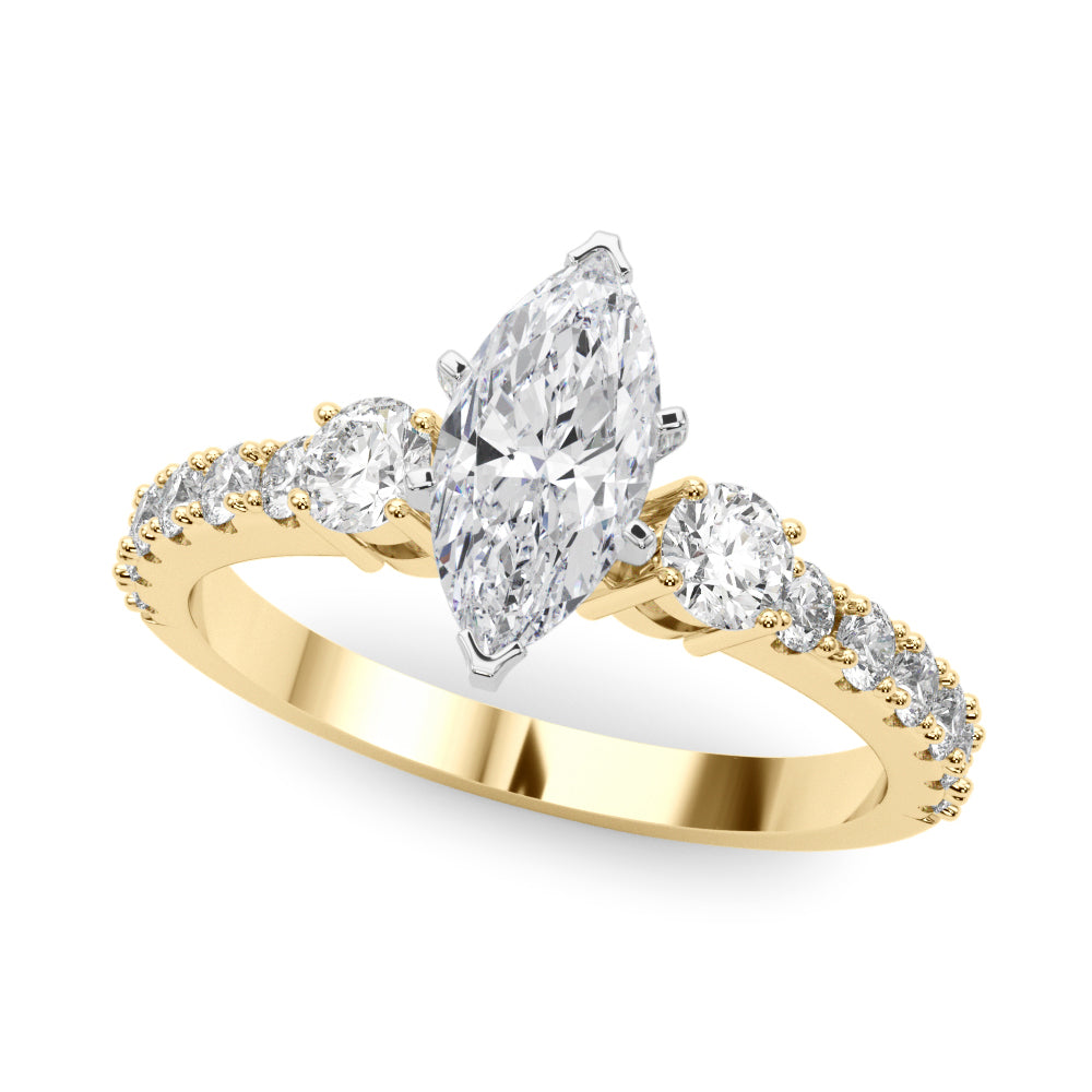 Yellow gold Marquise Cut Three-Stone Diamond Pavé Band with Prong Setting