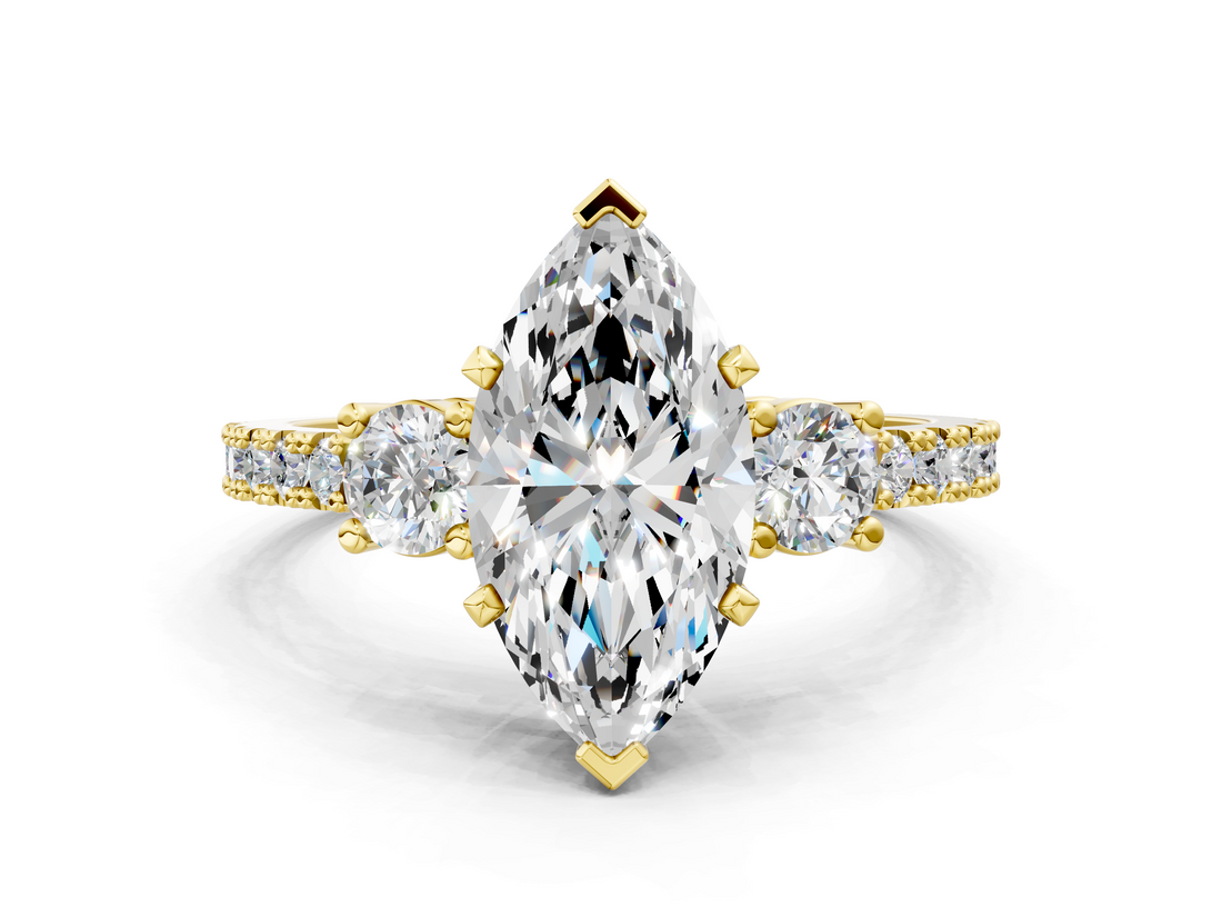 Yellow gold Marquise Cut Three-Stone Diamond Pavé Band with Prong Setting_21