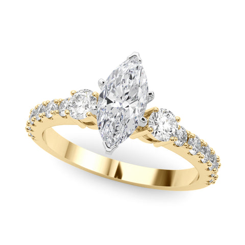 Yellow gold Marquise Cut Three-Stone Diamond Pavé Band with Prong Setting
