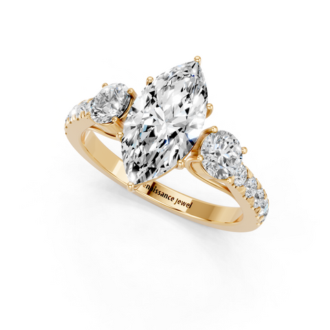 Yellow gold Marquise Cut Three-Stone Diamond Pave Band with Prong Setting_53