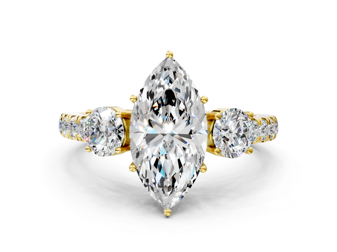Yellow gold Marquise Cut Three-Stone Diamond Pave Band with Prong Setting_91