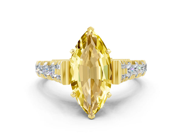 Yellow gold Marquise Cut Yellow Sapphire Classic Solitaire Ring with Pavé Band and Four-Prong Setting