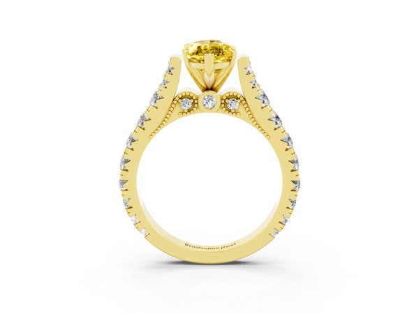 Yellow gold Marquise Cut Yellow Sapphire Classic Solitaire Ring with Pavé Band and Four-Prong Setting