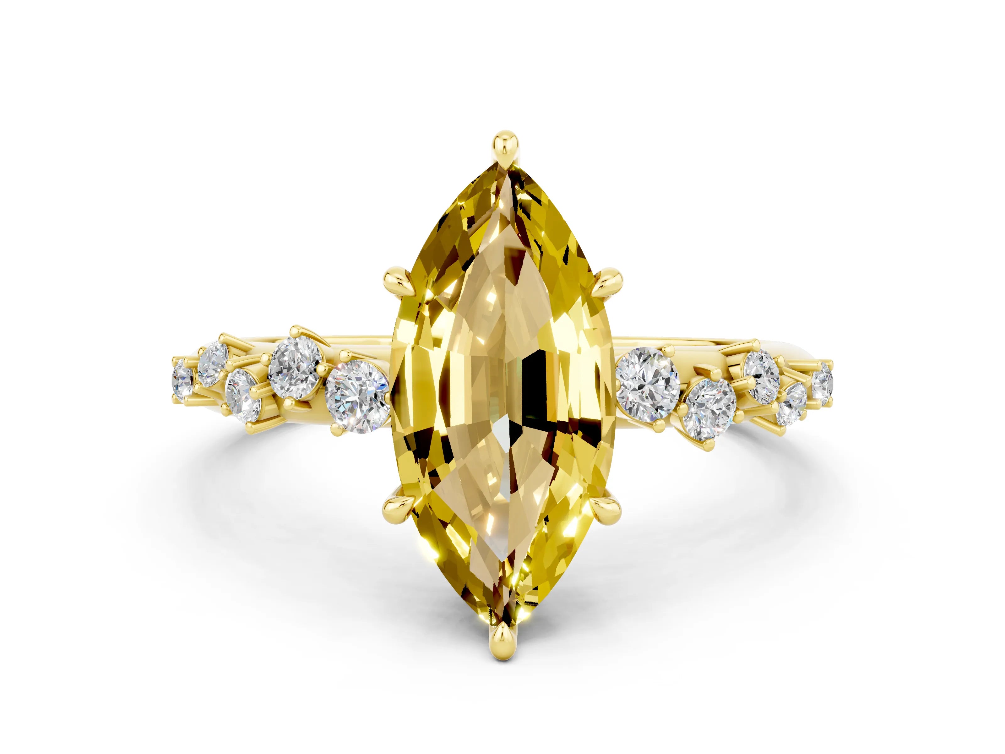 Yellow gold Marquise Cut Yellow Sapphire Cluster Side Stone Solitaire Ring with Prong Setting_48