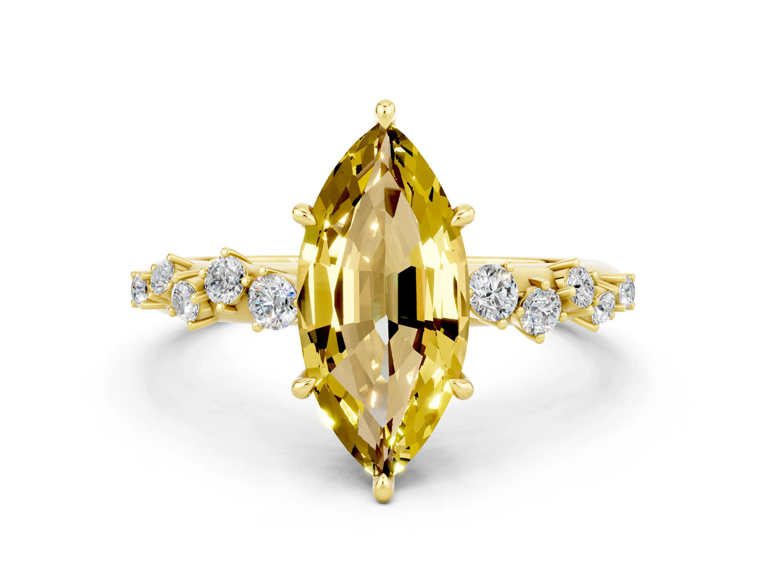 Yellow gold Marquise Cut Yellow Sapphire Cluster Side Stone Solitaire Ring with Prong Setting_48