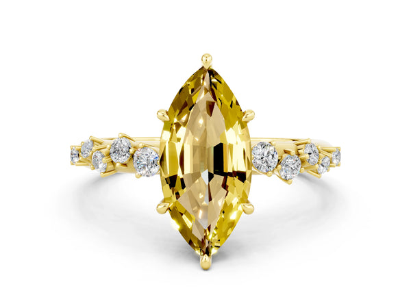 Yellow gold Marquise Cut Yellow Sapphire Cluster Side Stone Solitaire Ring with Prong Setting