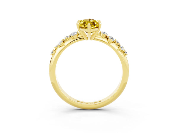 Yellow gold Marquise Cut Yellow Sapphire Cluster Side Stone Solitaire Ring with Prong Setting