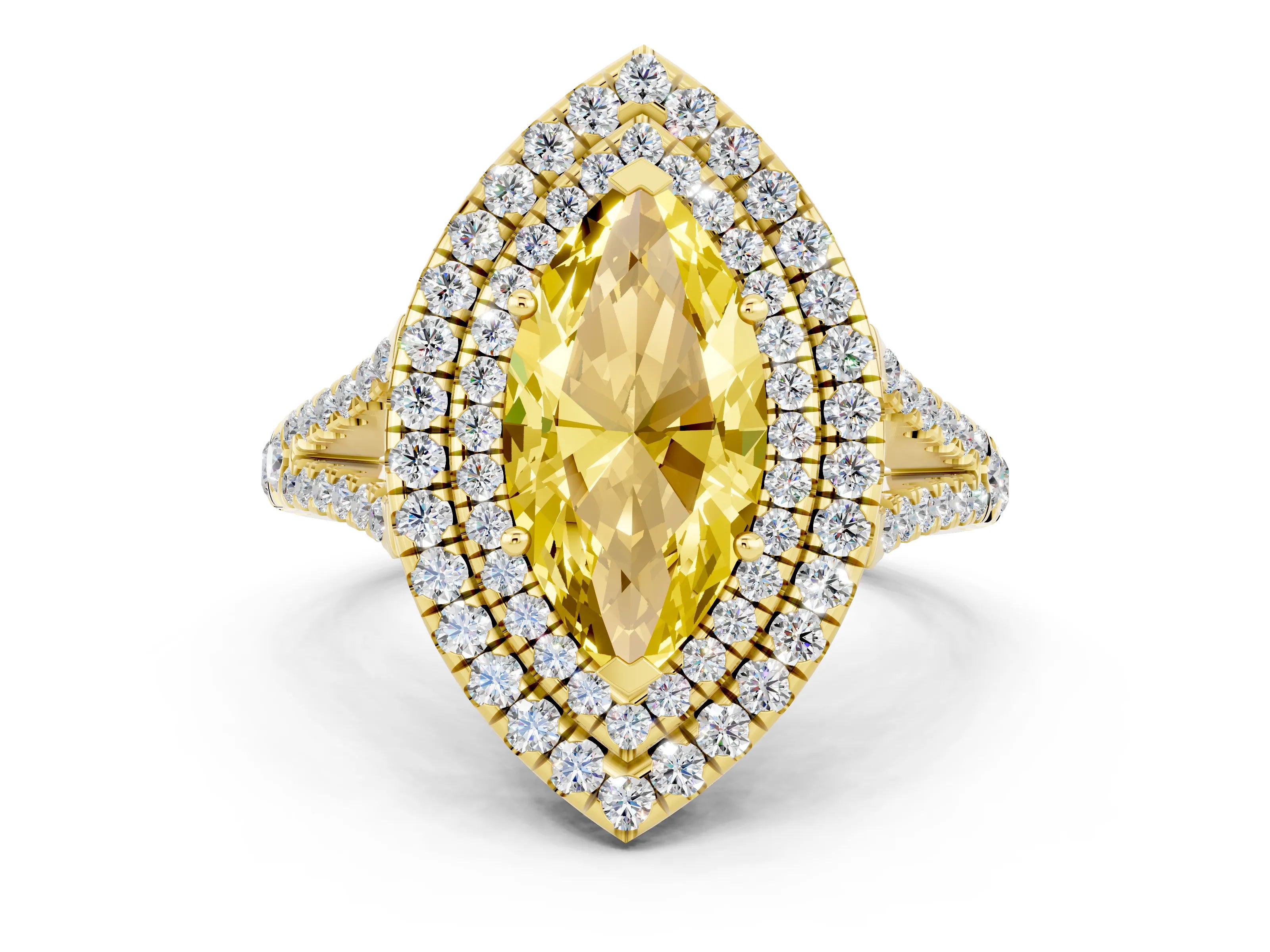 Yellow gold Marquise Cut Yellow Sapphire Double Halo Ring with Pavé Band and Prong Setting_12